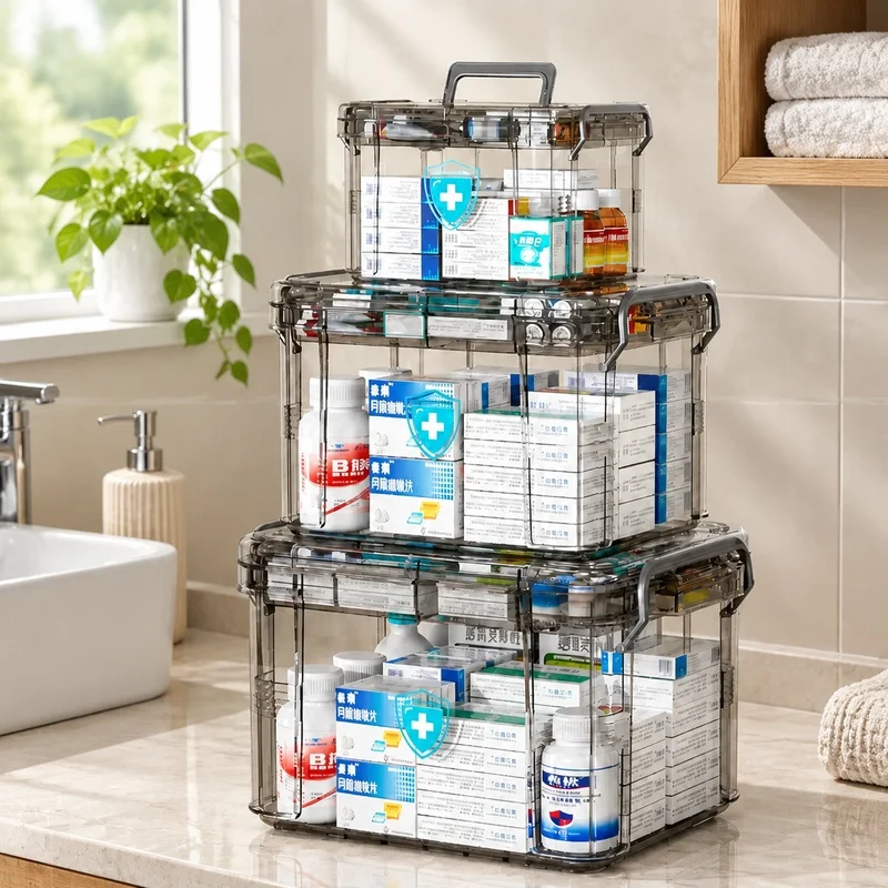 Transparent waterproof double-deck storage box for emergency meds and first aid, rectangular lid, sturdy PP plastic material