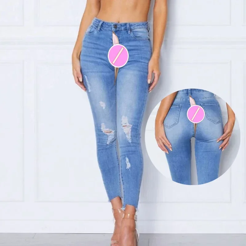 

Winter Open Crotch Outdoor Sex Boyfriend Jeans Women Ripped Denim Pants Elastic Pencil Trousers Peach Hip Sexy Exotic Hotpants