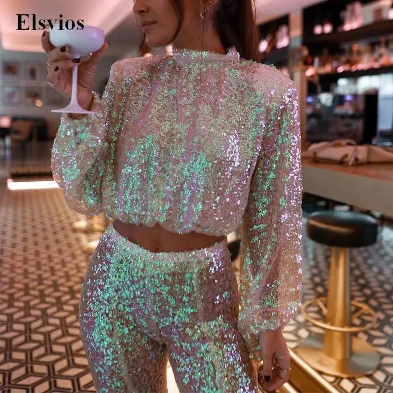 Women Flare Pants 2 Piece Suit Sexy Fashion Sequin Club Party Set Elegant Lantern Sleeve Tops Pullover + High Waist Pant Outfits