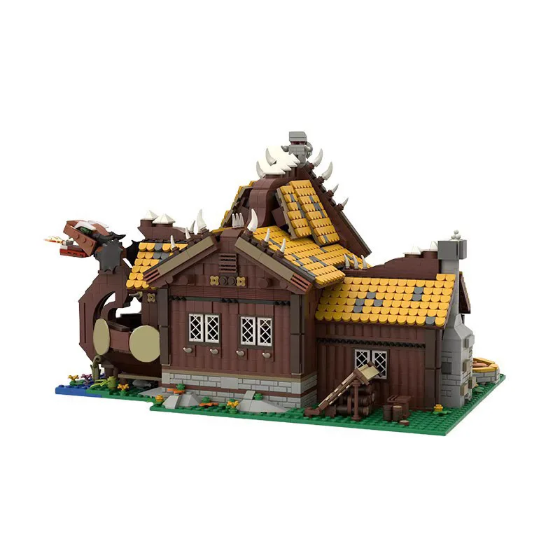 MOC Medieval Viking Villa Farmhouse Boat Building Block Kit Dragon Long Boat Construction Brick Model Toys Children's Gifts