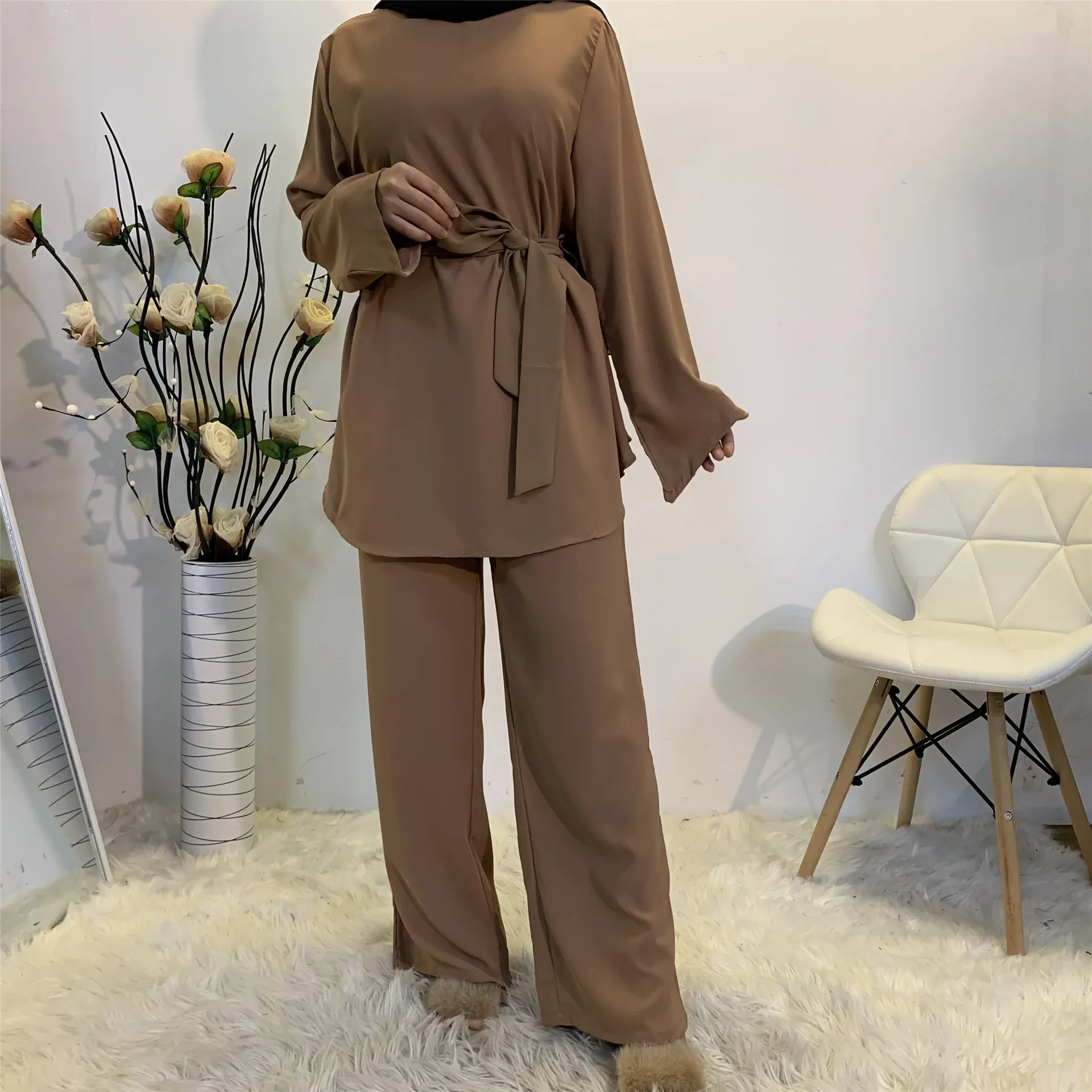 

Wide Leg Pants & Muslim Lace-Up Pullover Fashion Women's Simple Top Solid Color Clothing Set