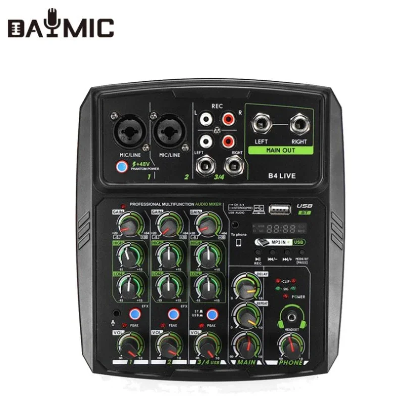 Mobile PC live recording audio mixer 4 channel sound card USB BT mini audio mixer professional 48V Table Mixing Console