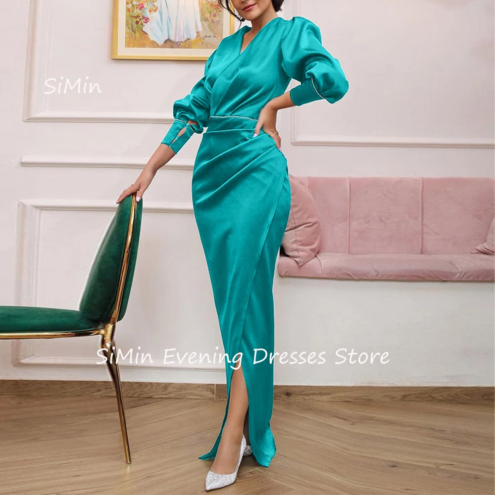 

Simin Satin Mermaid V-Neck Pleats Prom Gown Simple Long Sleeves Floor-Length Arab Evening Elegant Party dresses for women 2024