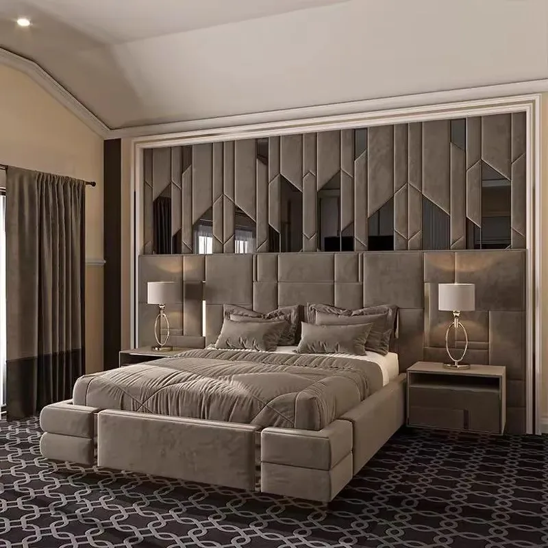 Modern Luxury Home Furniture Bedroom Bed Set King Size Headboard Stainless Steel Base Bed Frame Nubuck Fabric Upholstered Bed