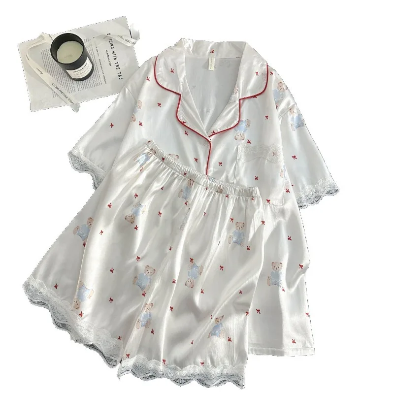 Two-piece Pajamas Women's Summer Long-sleeved Suit High-end Simulation Silk Loungewear Cartoon Cute Outer Wear Cross-border