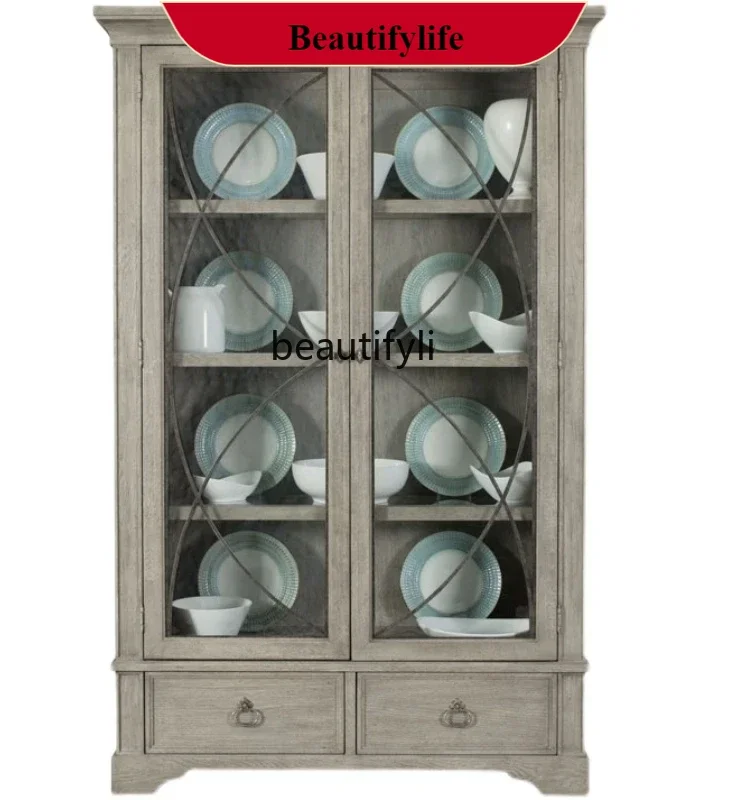 

DD132 Retro Solid Wood Double-Door Bookcase Sideboard Wine Cabinet Storage Display Cabinet High Cabinet Small Apartment Living