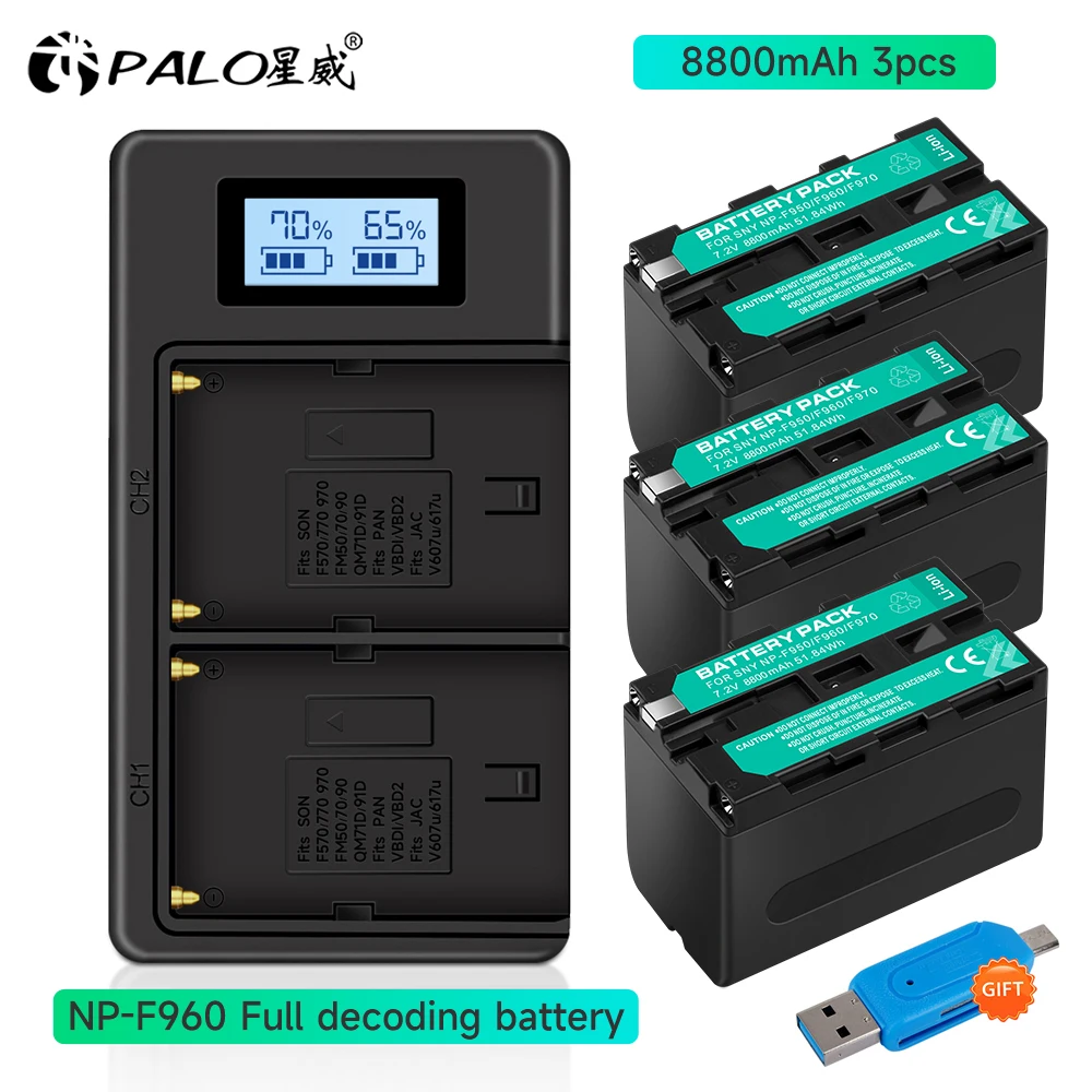 PALO 7.2V 8800mAh NP F960 NP-F960 F970 F980 Battery+LCD Dual Charger for Sony F970 F960 F770 F570 CCD-RV100 F980 MC1500C PLM-100