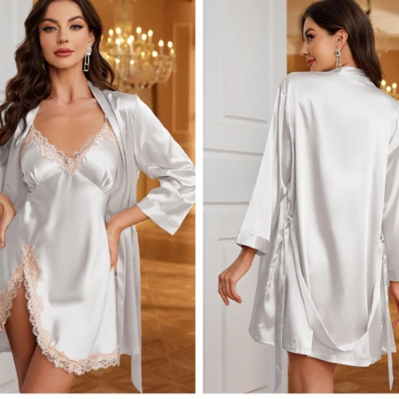 

Silky Satin Bride Wedding Robe Dressing Gown Spring Summer New Female 2PCS Sleepwear Set Home Clothing Sexy Lace Nightgown