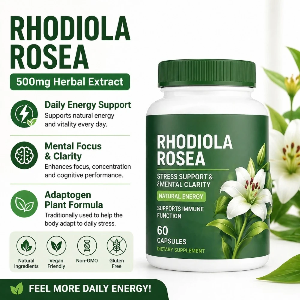 Rhodiola Rosea Capsules 500mg Herbal Supplement for Daily Energy Balance Mental Focus Adaptogen Plant Extract 60 Capsules