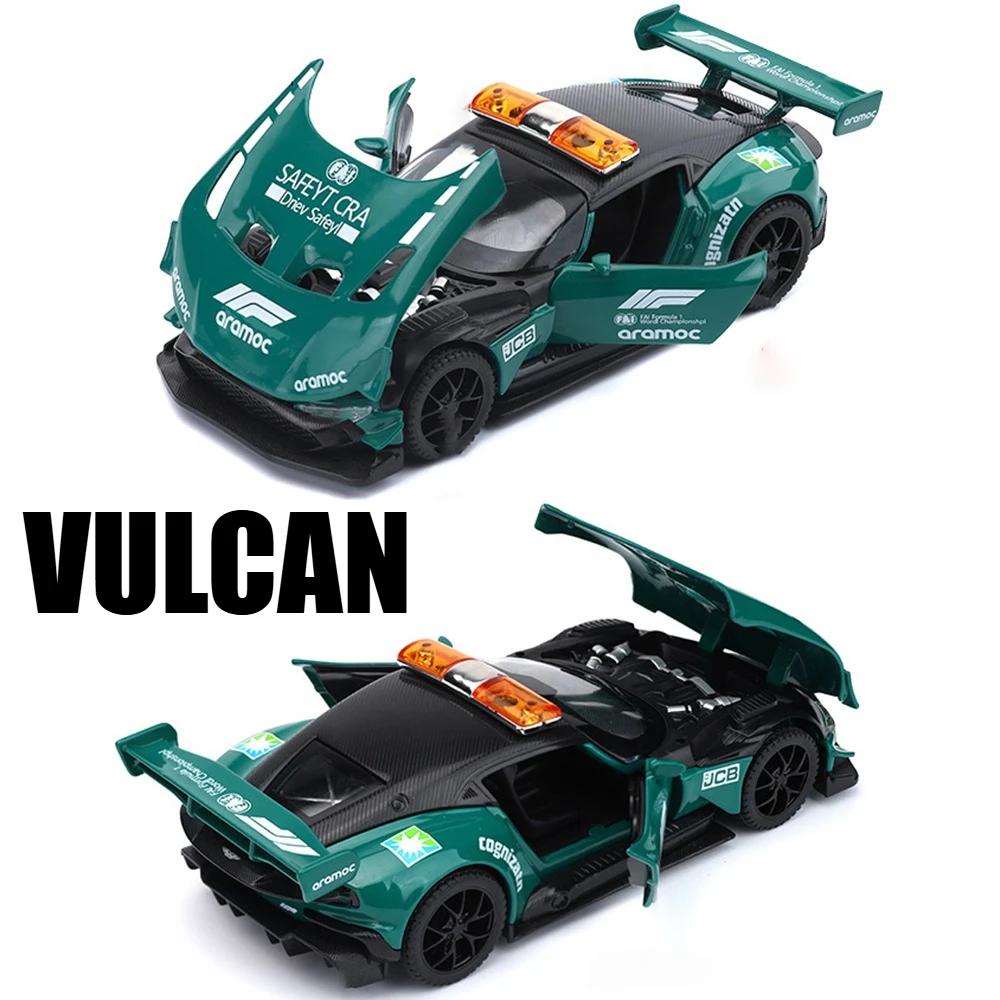 1:32 Scale Vulcan Safety Car DB12 Model Toy Metal Body Rubber Tires Sports Cars Models Sound Light Pull Back Toys Gift for Child