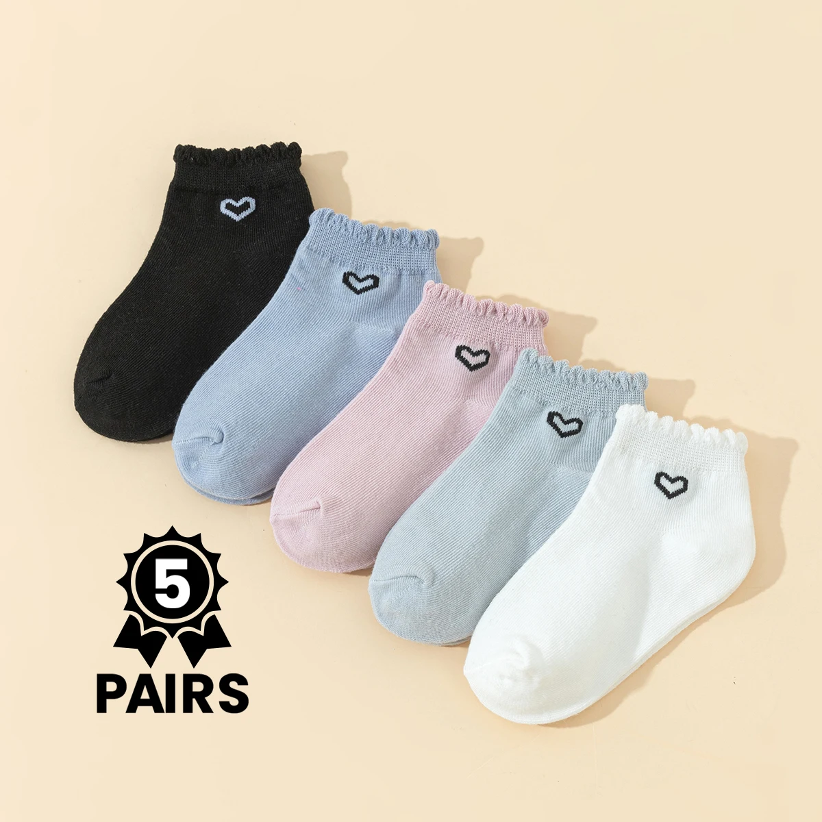 5 Paar einfarbige Socken mit Bonbonherzmuster, perfekt für den Alltag, weich, hautfreundlich,