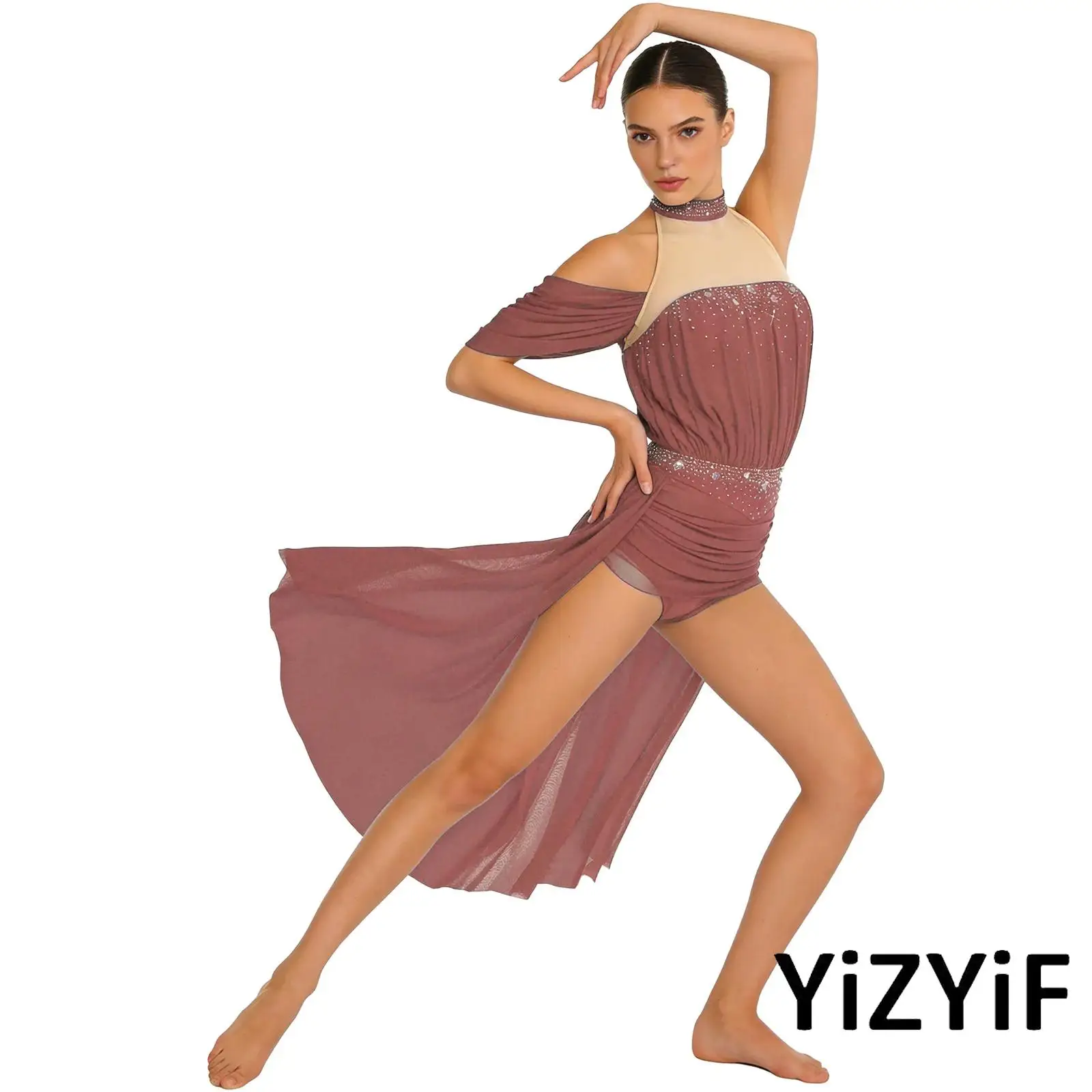 

Womens Latin Tango Dance Dress Halter Backless Rhinestoned Ruched Mesh Irregular Hem Bodysuit Dress for Stage Prom Dance Shows