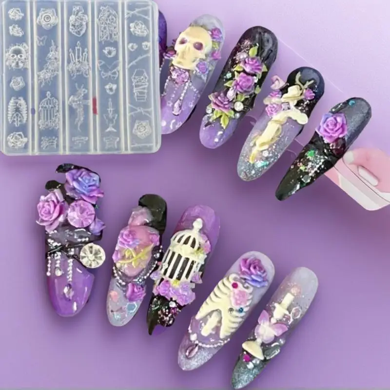 Set di modanature per unghie artigianali 3D: intaglio fai-da-te di teschio trasparente, farfalla, gabbia per uccelli e candeliere rosa