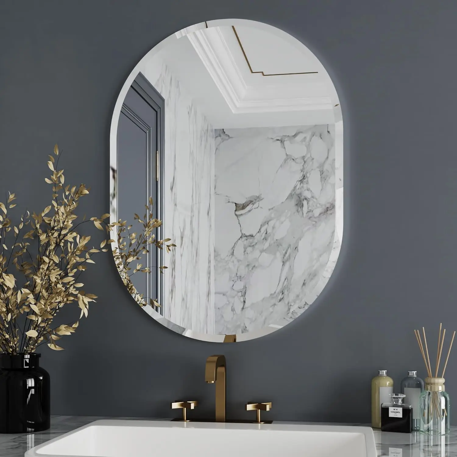 

22x30 Frameless Beveled Oval Bathroom Vanity Mirror, Decorative Wall Mirror for Home