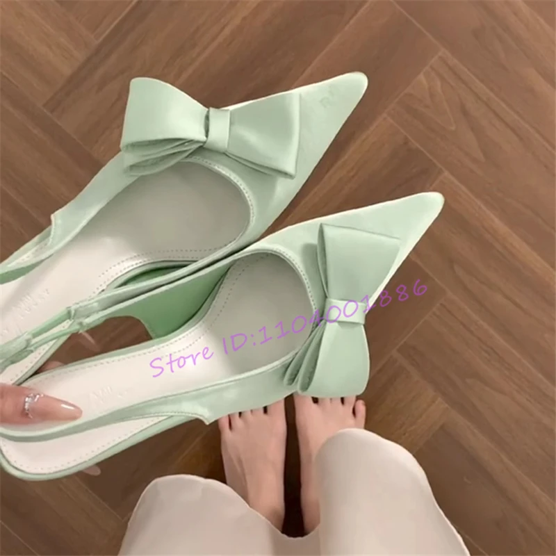 

Green Satin Bow Women's Sandals Elegant Pointed Toe Shallow Back Strap Med Heel Pumps Summer New Wedding Party Female Shoes