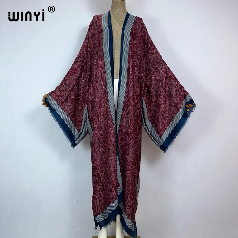 WINYI kimono osłona do Bikini-up elegancki strój plażowy dla kobiet klasyczne z nadrukiem w łezkę bawełniane uczucie vestidos para mujer sukienka