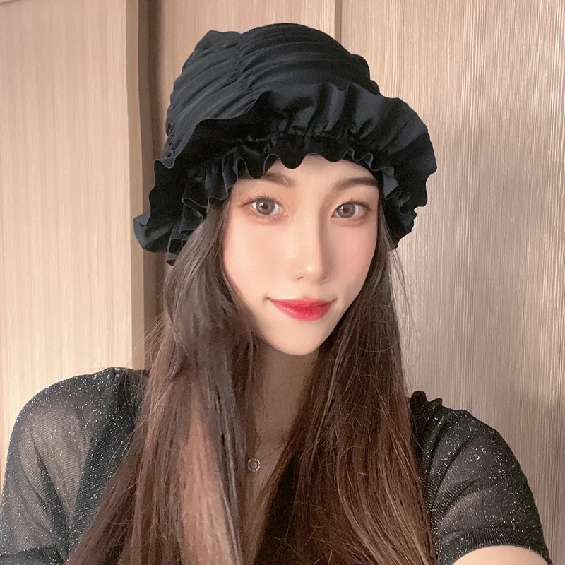 

Модные шапочки для купания с рюшами, женские плиссированные тканевые шапочки для плавания, женские пляжные приморские короткие волосы, эластичные длинные волосы