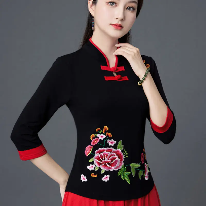 

Cheongsam Women Plus Size Tops Winter Cotton Blend Embroidery Splicing Stand Collar Thickening Chinese Style Qipao Shirts Woman