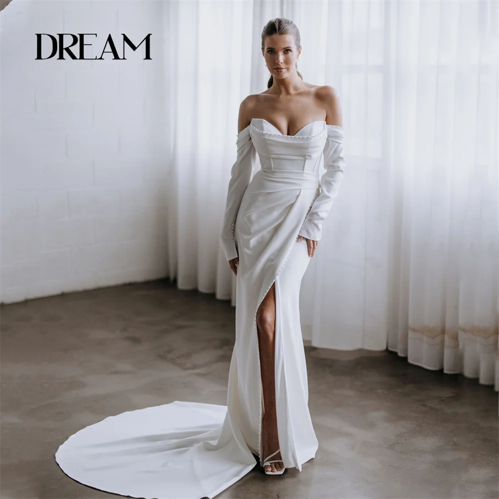 DREAM Sweetheart Beading Pearls Pleat Wedding Dress Off The Shoulder Side Slit Open Back Bridal Gown Vestido De Noiva Customized