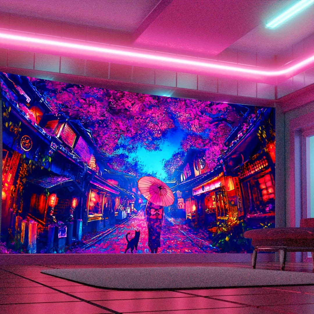 VIKAMA サイバーネオン桜ストリートタペストリー背景布、 - Photography Urban のレビューと価格