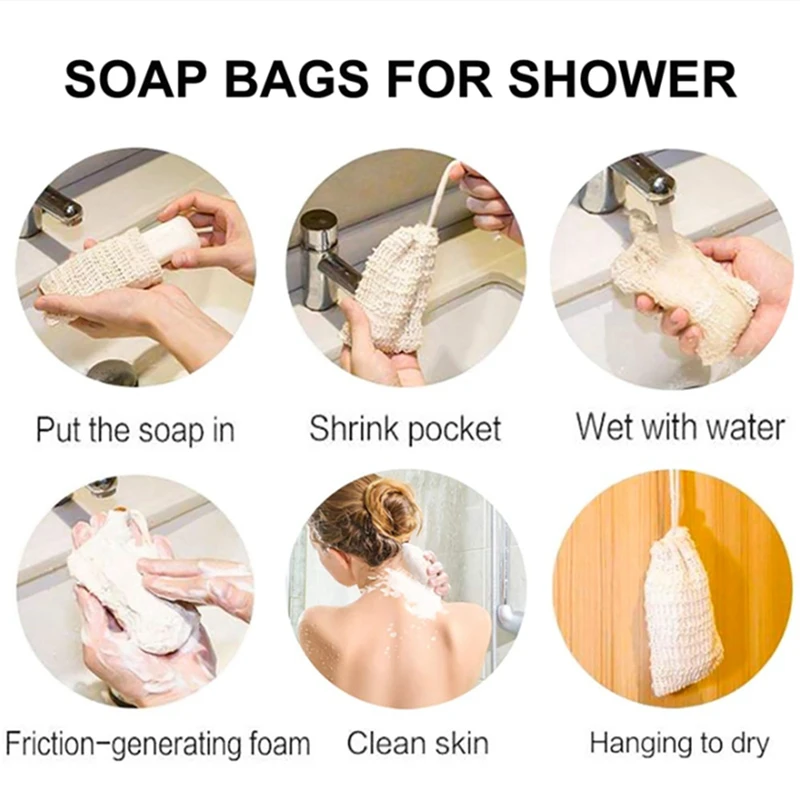 AT14 48Pcs Shower Bath Ramie Soap Bag Natural Ramie Soap Bag Exfoliating Soap Saver Pouch Holder