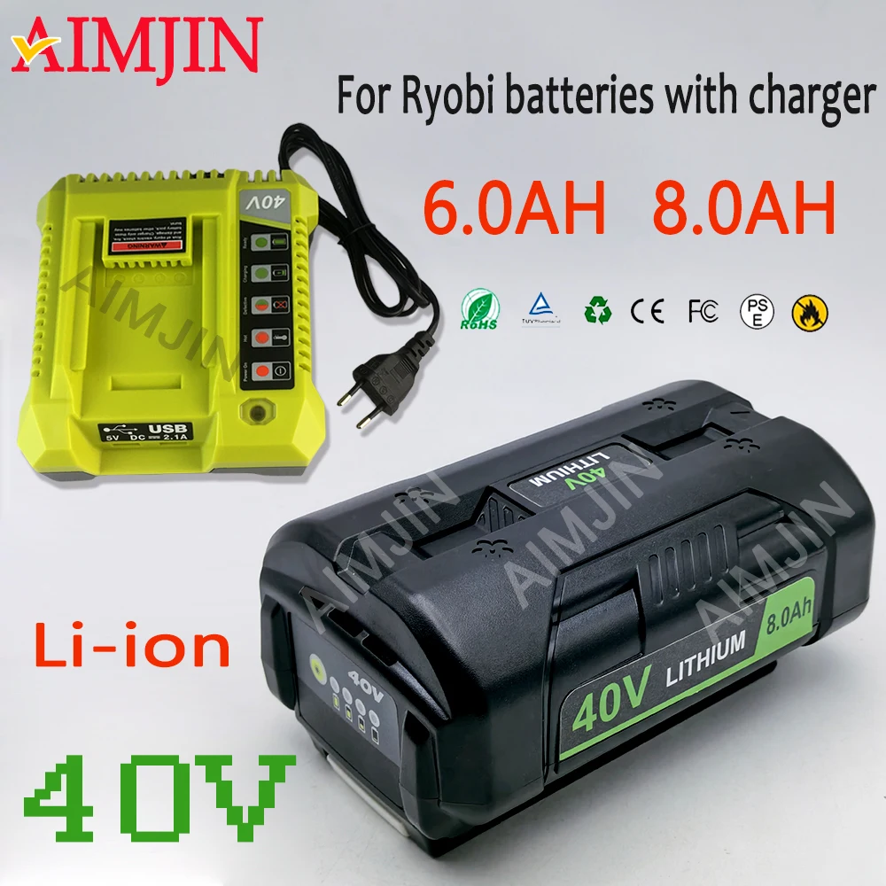8000mAh 40V Li-ion Battery For Ryobi OP4030 OP4040 OP4050 OP400A Dual USB Port Fast Charging Replacement Battery