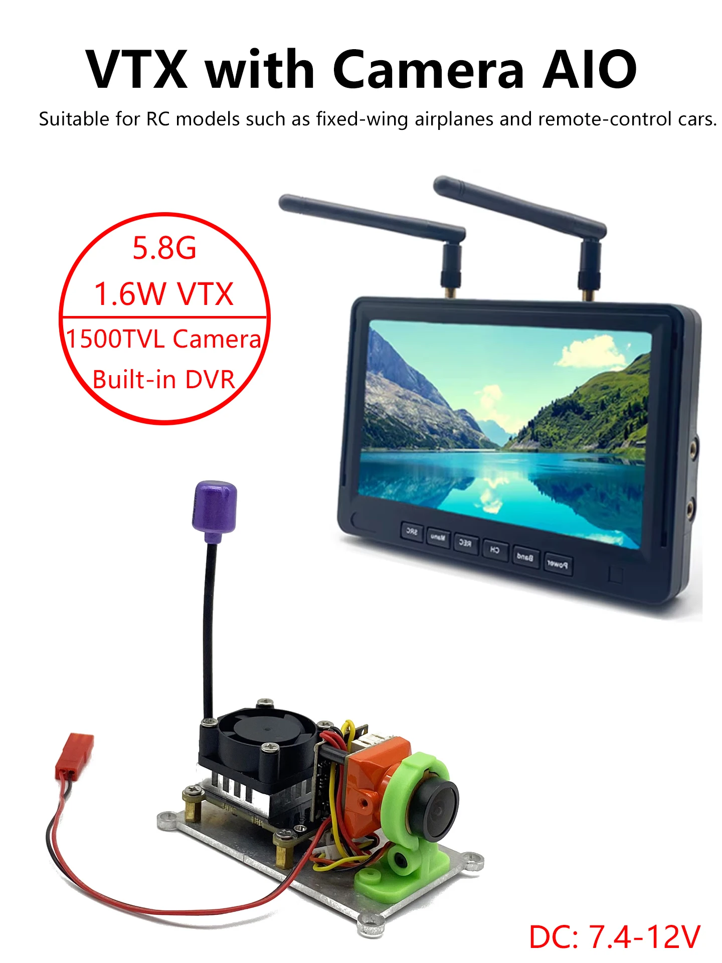 

SLONWAKE 5.8G 48CH AIO FPV VTX-Camera DVR with 1.6W adjustable Transmitter Camera CMOS 1500TVL with 7 inch Monitor for RC Drone