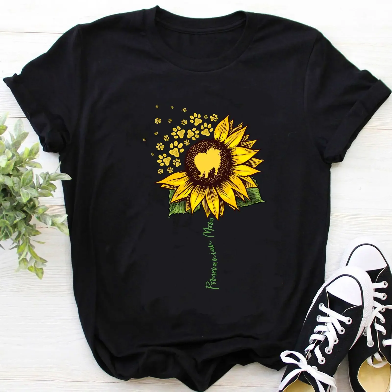 Pomeranian T Shirt For Dog Lovers s Mom Sunflower vintage Washed Slightly fashion graphic homme Unisex Stretched Casual