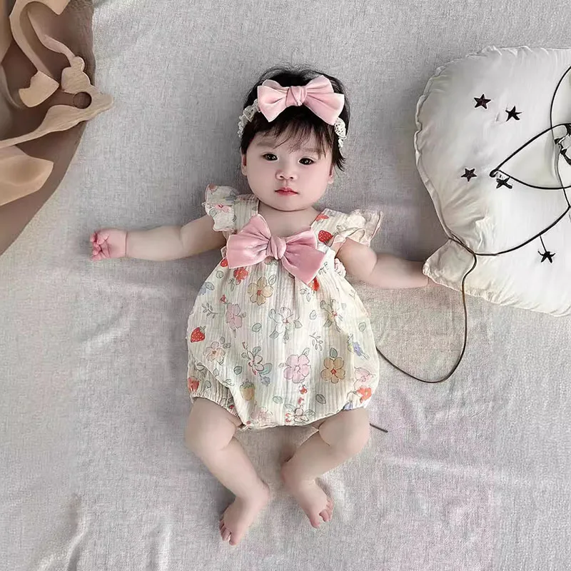 2024 New Baby Girls Summer Clothes Sweet Floral Bow Bodysuit With Headband Toddler Suspenders Flying Sleeve One Piece