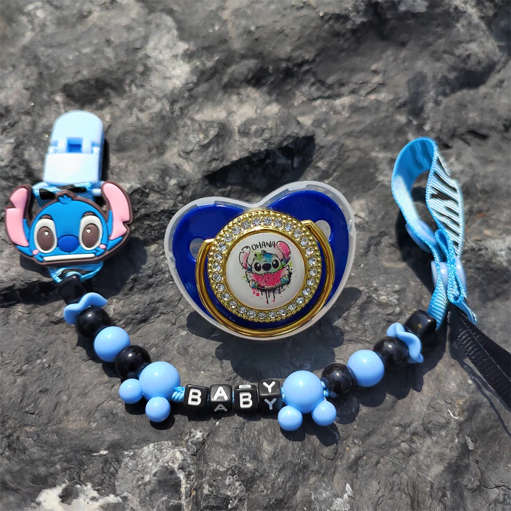 1 Set The Lilo & Stitch Blue Black Beads Anti-drop Custom English Letter Name Baby Pacifier Clips Silicone BPA Free Teether Paci