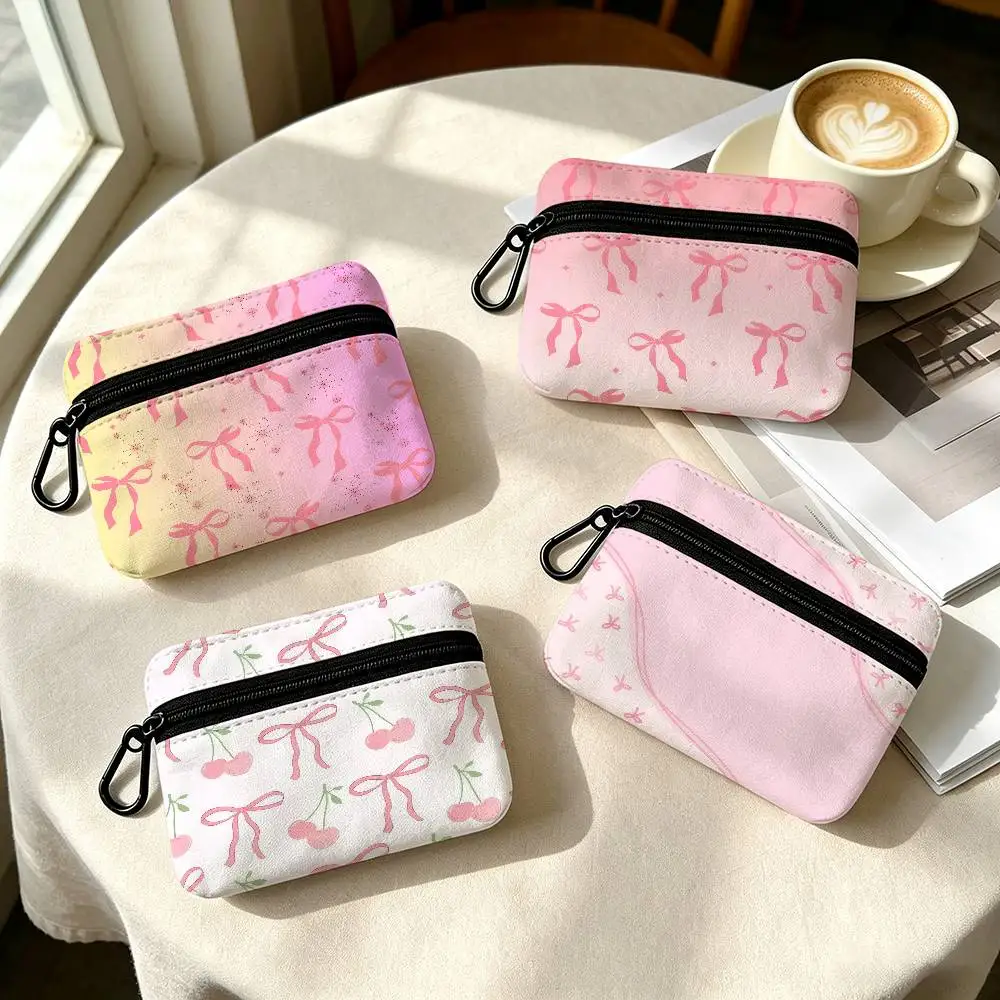Pink Bow BEAUTY  Lightweight Oxford Fabric Coin Purse Carabiner Hook Design Mini Card Key Organizer Bag