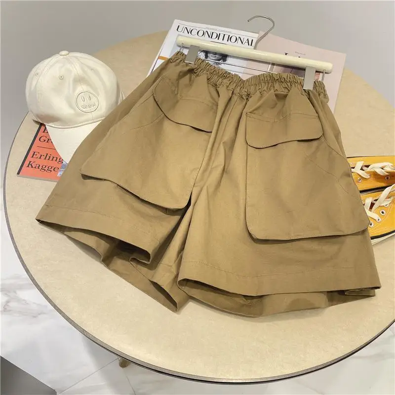 Summer New Pocket Patchwork High Waist A-line Wide Leg Pants Solid Color Loose Plus Size Shorts Fashion Trend Women Clothing