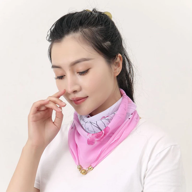 Women Versatile Lazy Scarf Magnetic Snap Square Scarf Small Gold Ball Silk Chiffon Multi-functional New Spring Summer Versatile