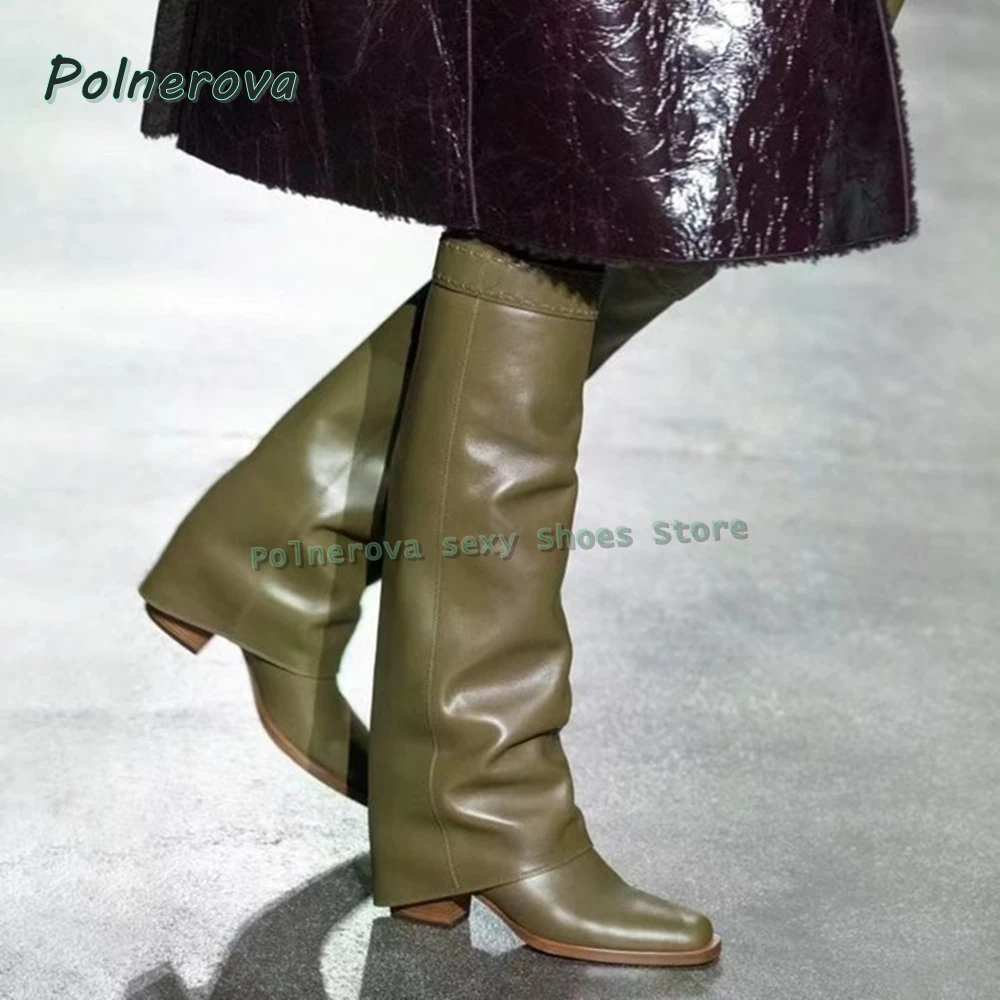 Women's Camel Leather Slouch Knee High Boots Square Toe Block Heel Retro Western Fashion Shoes 2026 Spring Catwalk Shoes Trend