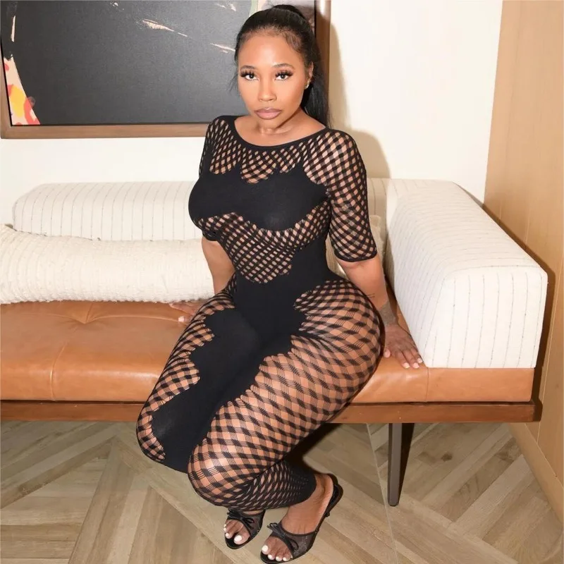 

Women Hollow Out Patchwork Skinny Knit Jumpsuit Sexy See Through Short Sleeve High Stretch Club Party Overalls Fitness Rompers