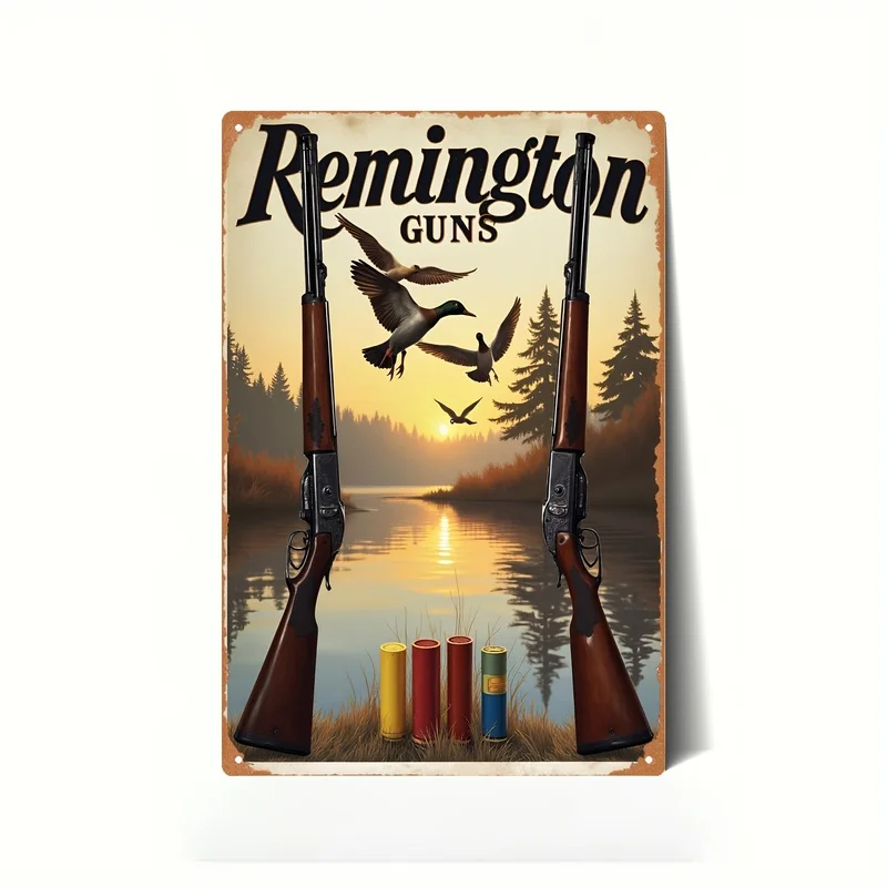 Vintage Duck Shotgun Hunting Scene Tin Sign, 2D Flat Metal Wall Art, Rustic Decor for Man Cave, Garage, Bar and Hunting Cabin