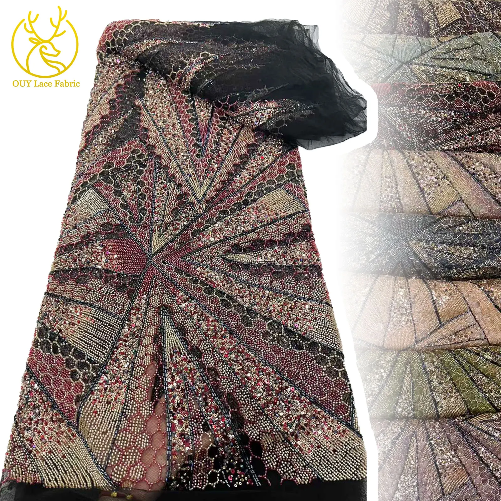 

Luxury Nigerian African Beaded Groom Lace Fabric 2025 High Quality French Sequin Mesh Lace Fabric Party Wedding Dress Material