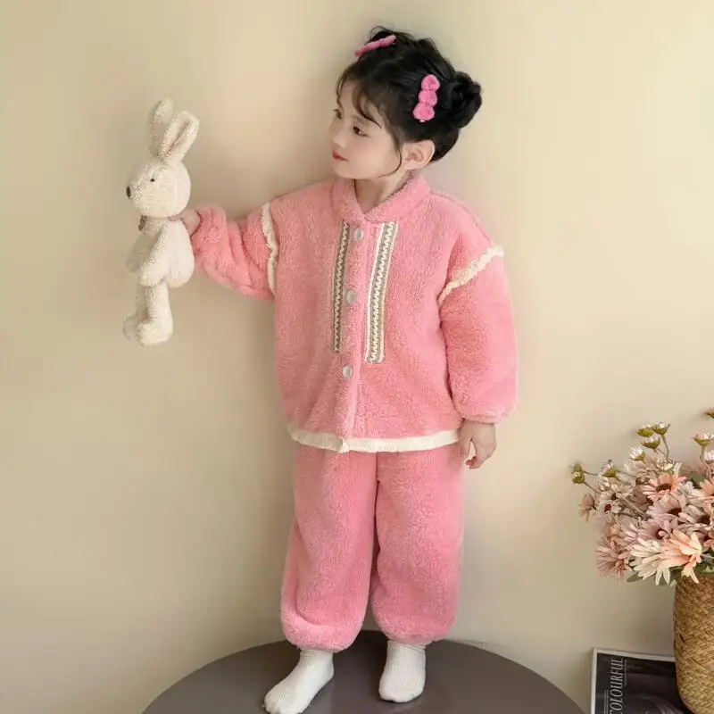 حار الطفل الفانيلا قطعتين مجموعة منامة فتاة الخريف الشتاء رشاقته الدفء القمم السراويل الطفل Kawaii موضة جديدة ملابس منزلية غير رسمية