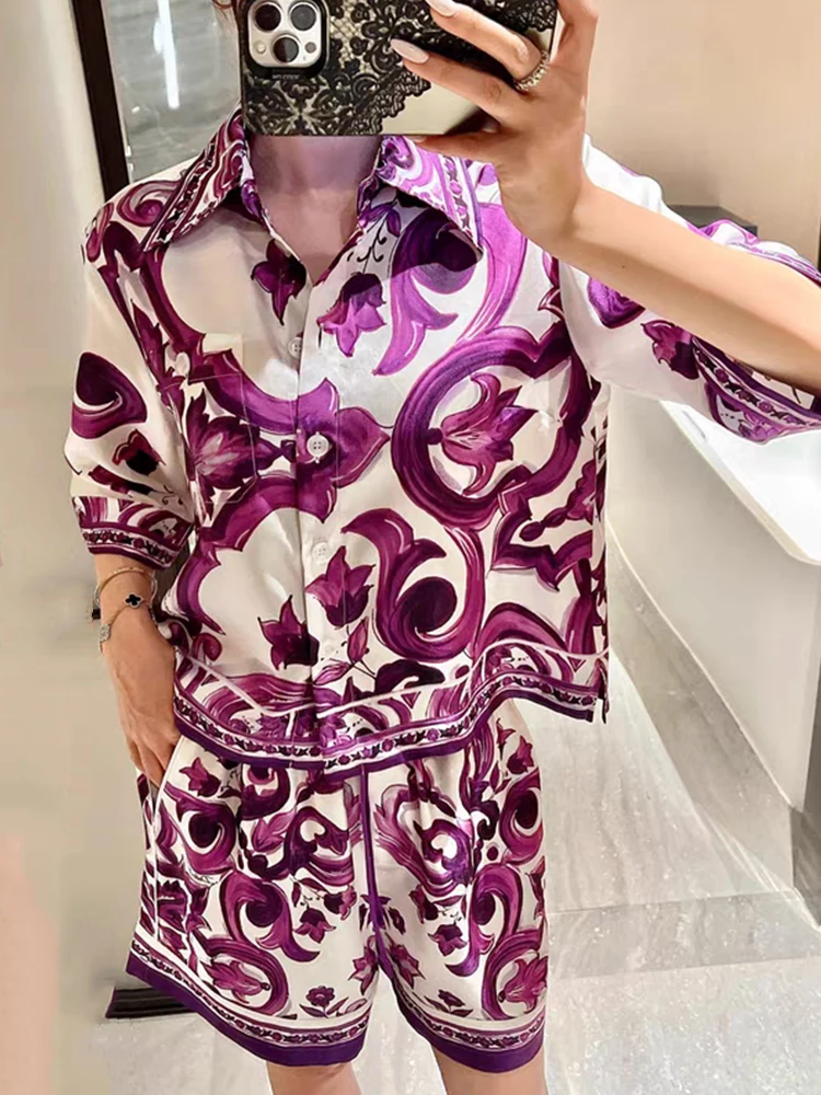 

Лето 2022, женская прямая короткая рубашка в стиле ретро с геометрическим принтом и лацканами, комплект из двух предметов + свободные широкие шорты, модный комплект