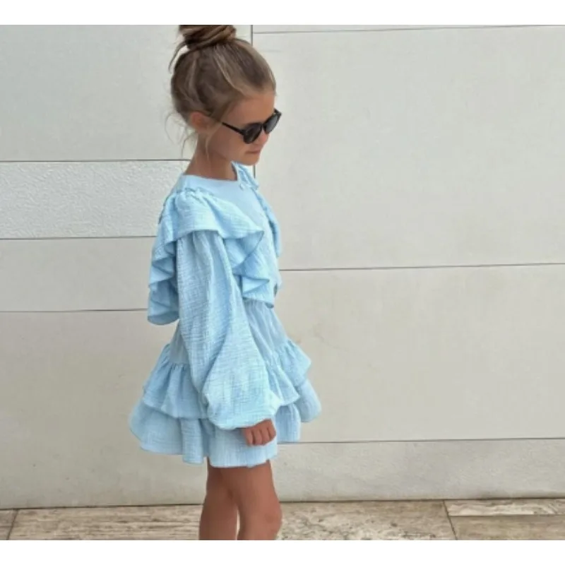 

Blue Clothing Set Girl 2025 Spring Summer Cotton Solid Color Labtern Sleeve Ruched Shirt and Layered Skirt