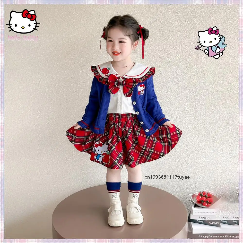 

Anime 3Pcs Hello Kitty Kids Cardigan Jk Plaid Skirt Sweater Set Sanrio Cinnamoroll High-Quality Shirt Sweater Autumncollege Set