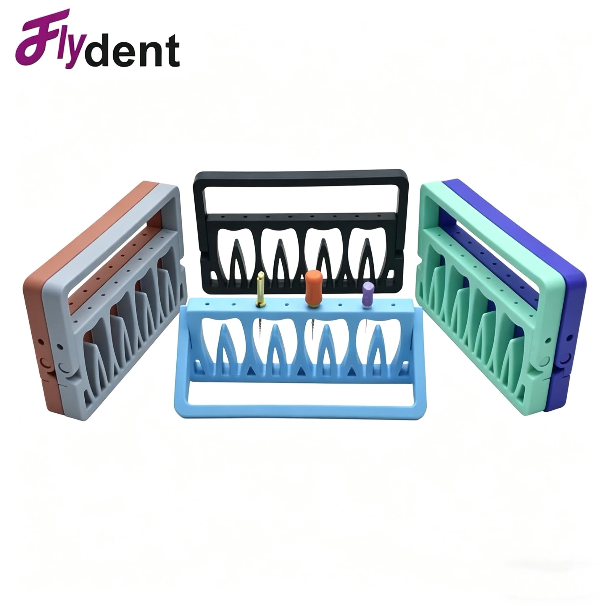

8-hole dental root canal file rack with tooth-shaped cutting tips. The needle holder can be sterilized at high temperatures.