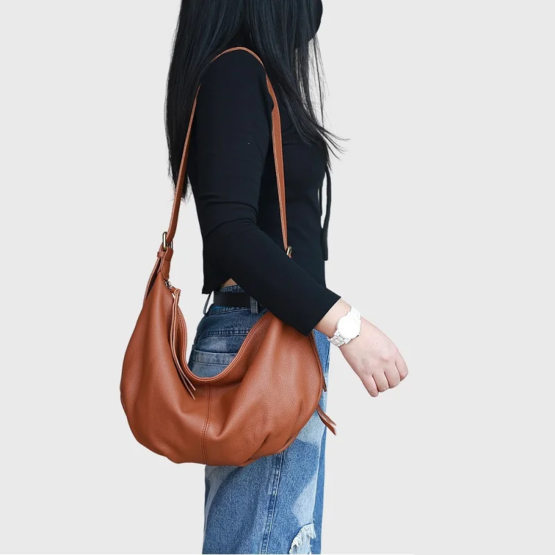 Women Soft Cowhide Crossbody Bags Handbags Woman Casual Hobos Shoulder Bag Solid Color Genuine Leather Tote Female Sac A Main