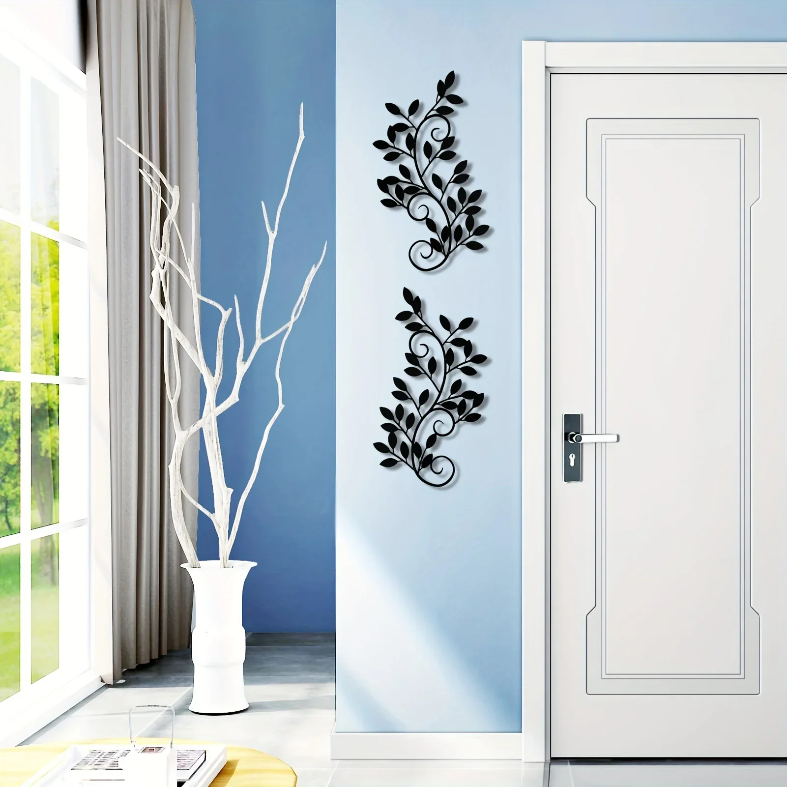 2 Pieces Wall Art Ornament Wall Hanging Sign, Metal Tree Leaf Wall Decor Black Vine Olive Branch Leaf Kids Room Kindergarten
