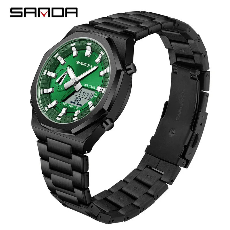 Octagonal Alloy Multifunctional Daylight Saving Time Electronic Watch Waterproof Synchronous Double Display Men's Electronic