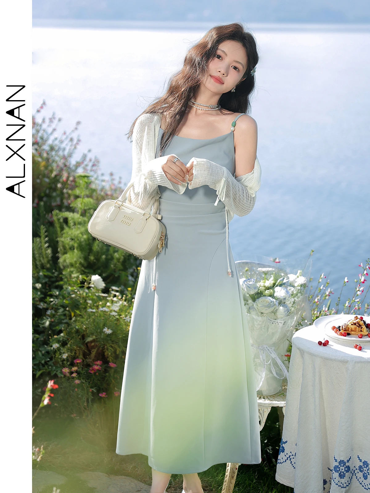 

ALXNAN Women's Elegant Strap Dress 2024 New Summer Ruched Midi A-line Party Fashion Solid Slim Fit Dresses Woman Clothing L36801