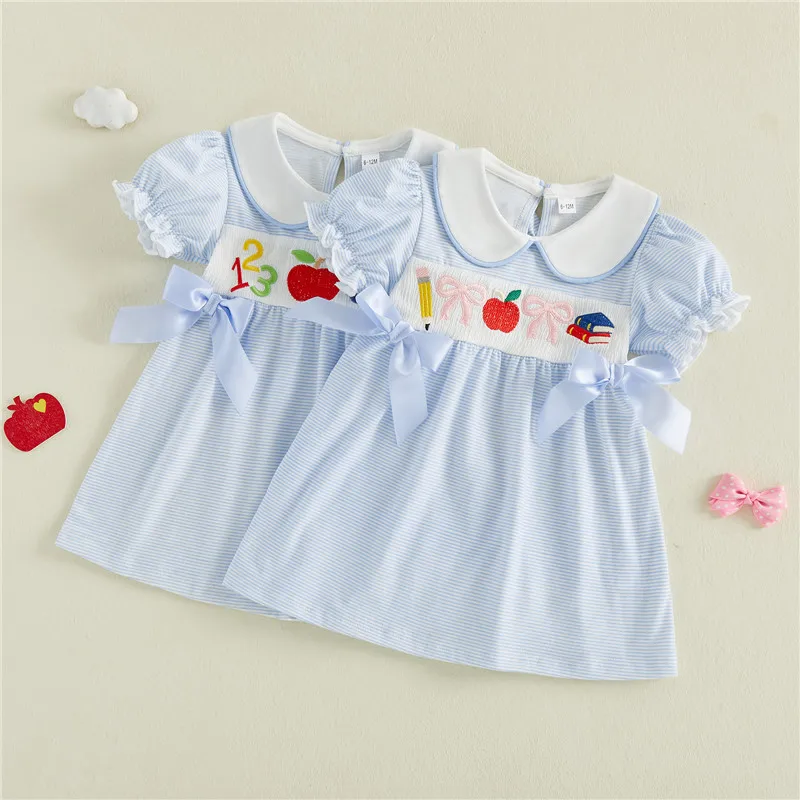 1-6years Girl  fashion casual Back to School Dresses with Bows Striped Apple Embroidered Short Sleeve Doll Collar A-line Dress