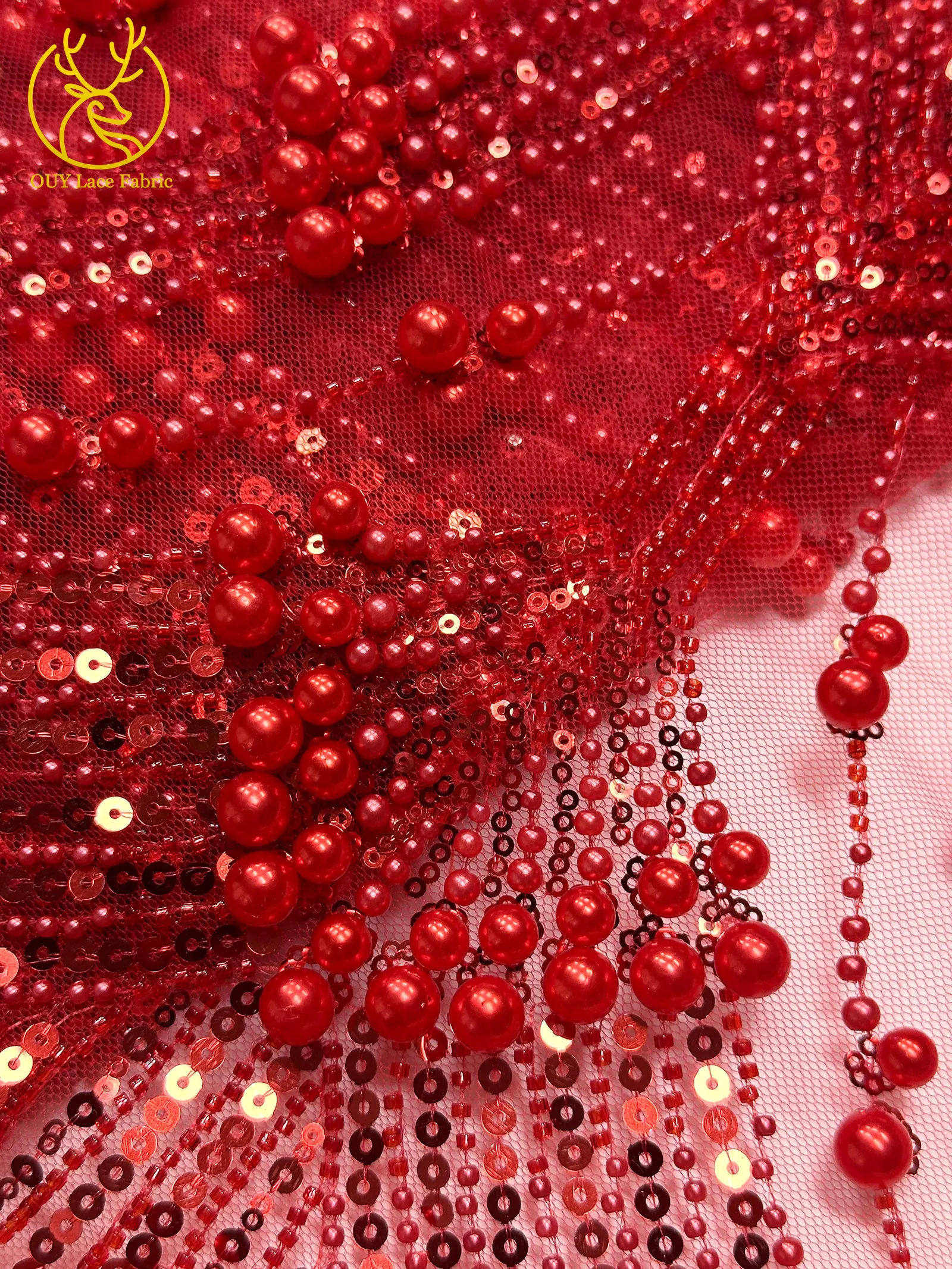 Roter Luxuriöser Afrikanischer Handgefertigter Schwer Perlenverzierter Spitzenstoff 2026 Hochwertiger Französischer Pailletten-Spitzenstoff Nigeria Hochzeits- und Partykleider – Detail 22