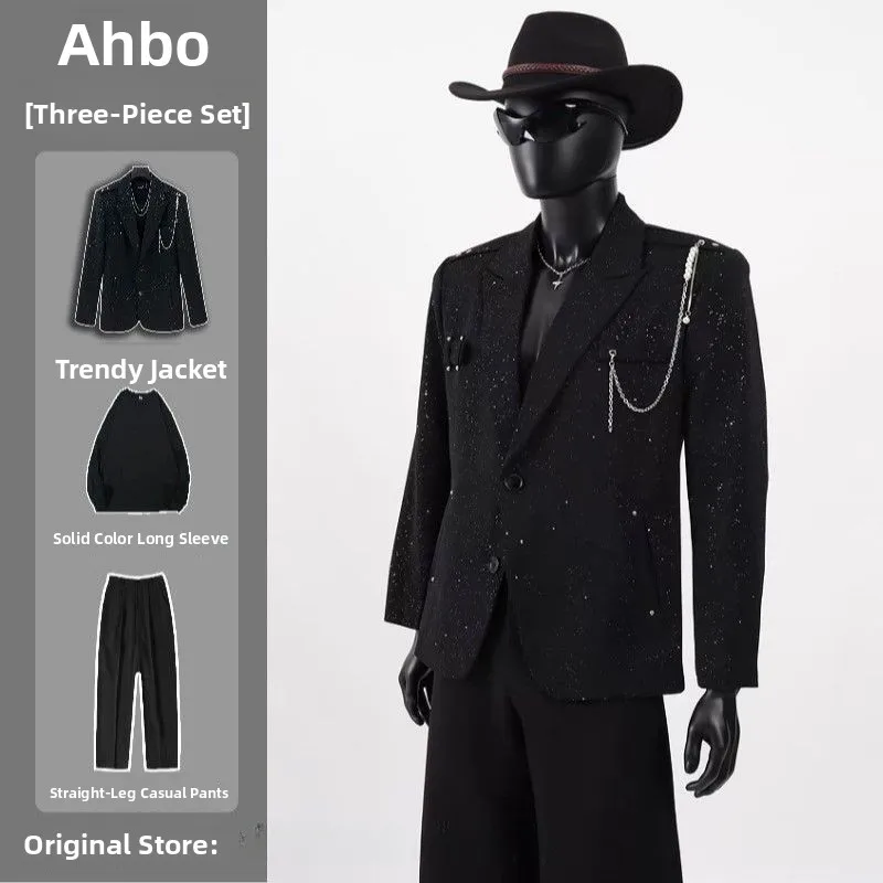 

Premium Metal Chain Design Men's Suit Jaet oulder Pad Western Sle Flaing Pattern Autumn Winter Faion Polyester Fiber