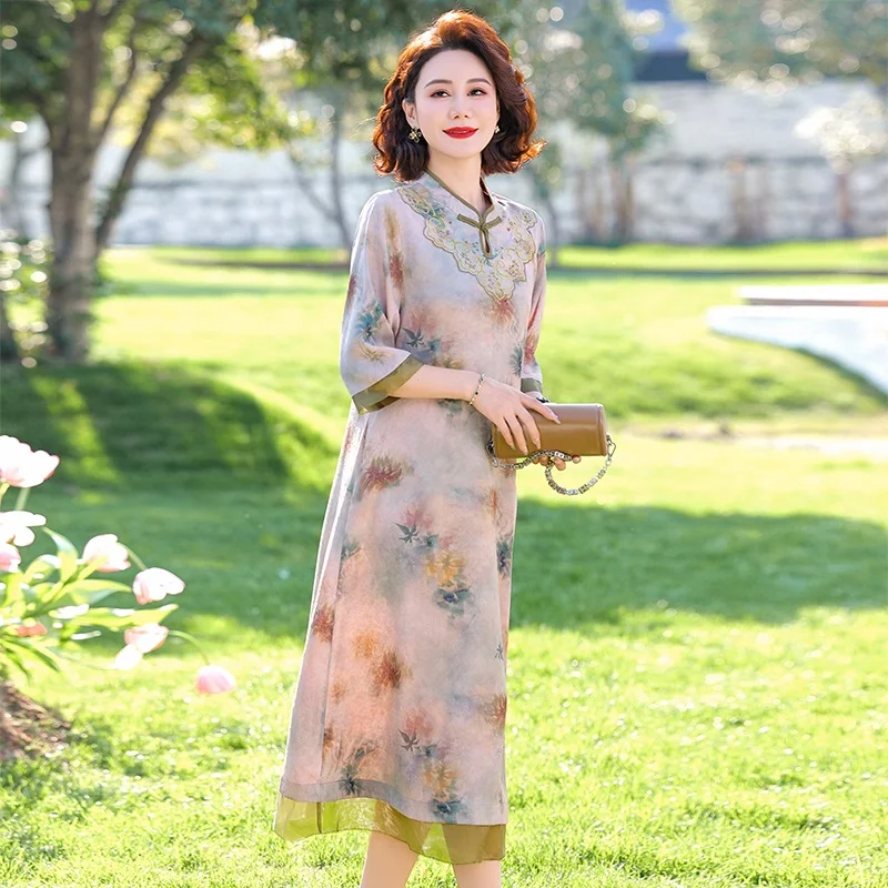 

Vintage Inspired Qipao Dr Summer Faionable Loose Fit Women's mid Age Mommy Dres Polyester Blend Button Detail Skirt